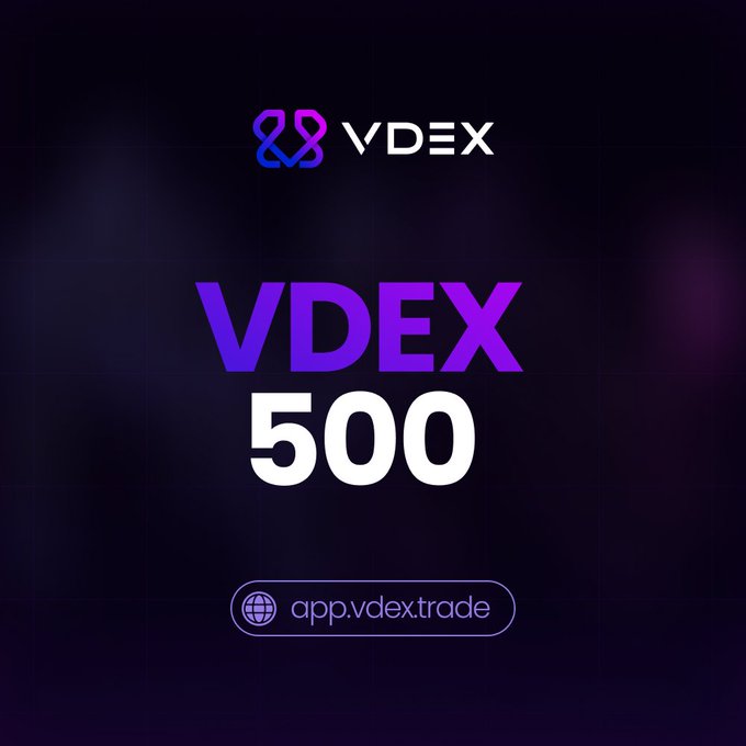 A promotional graphic for VDEX featuring its logo at the top, large purple and white "VDEX 500" text in the center, and the URL "app.vdex.trade" displayed in a pill-shaped button at the bottom, all set against a dark purple gradient background. The image reinforces the post's message by branding VDEX as a key trading platform worth incorporating into any trader's strategy.