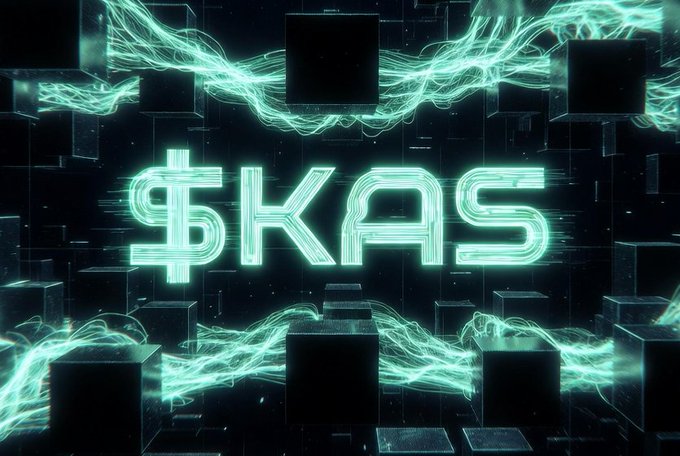 Glowing green "$KAS" text appears amid neon digital waves and floating cubes, visually reinforcing the post's call to "HODL" the $KAS token despite market volatility.