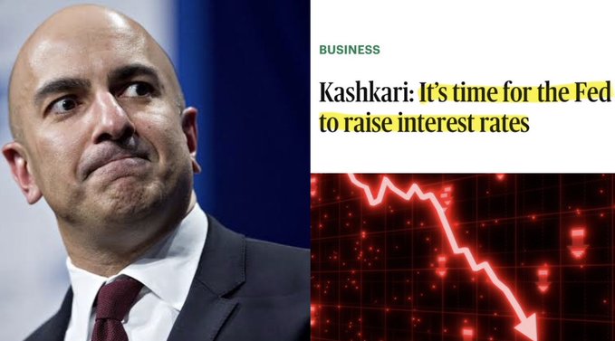 The image shows a split composition featuring Neel Kashkari, identified by the headline "Kashkari: It's time for the Fed to raise interest rates," alongside a graphic of a sharply declining red line chart symbolizing market downturn. This visual accompanies the news that the Fed's Kashkari advocates for beginning to slowly raise interest rates, a stance that could contribute to the negative market sentiment depicted by the falling chart.