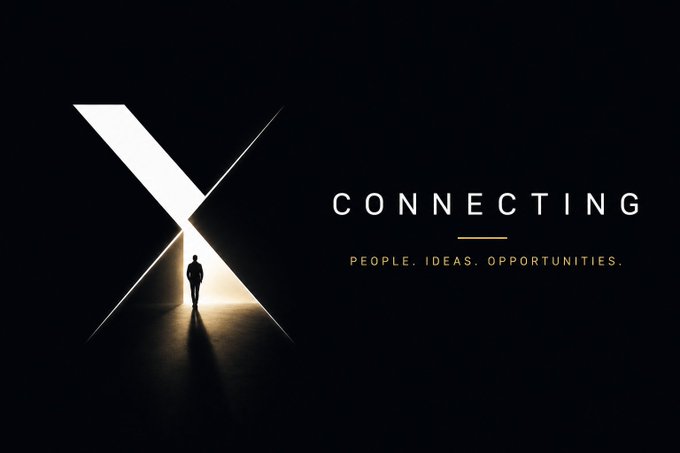 A minimalist black graphic featuring a large white 'X' with a silhouette of a person walking through it, accompanied by the text 'CONNECTING PEOPLE. IDEAS. OPPORTUNITIES.'