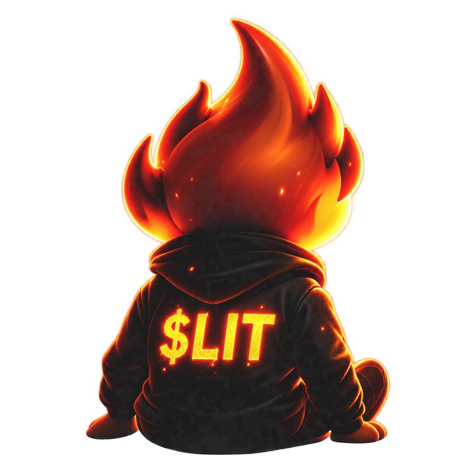 A cartoon figure with a flaming head sits wearing a black hoodie displaying "$LIT" in glowing text, symbolizing the fiery potential of the $EMBER token referenced in the post. The fiery imagery and "$LIT" graphic reinforce the "getting rich while getting lit" message tied to the coin's promotional pitch.