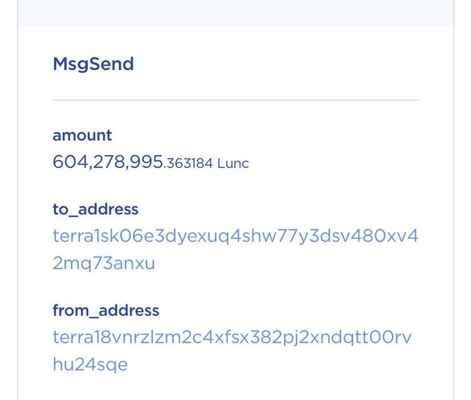 A blockchain transaction detail for a 'MsgSend' transfer of 604,278,995.363184 Lunc tokens from address terra18vnrzlzm2c4xfsx382pj2xndqtt00rvhu24sqe to terra1skO6e3dyexug4shw77y3dsv480xv42mq73anxu.