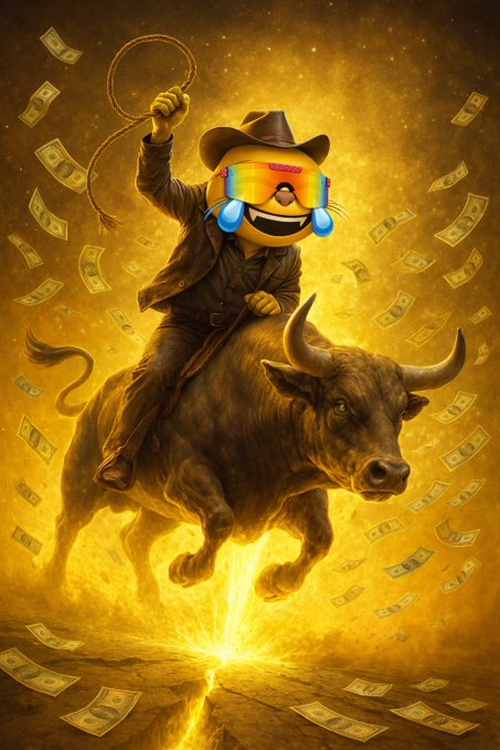 A cowboy wearing a rainbow-lensed cat emoji mask rides a charging bull while swinging a lasso, surrounded by flying dollar bills in a golden, dramatic setting.