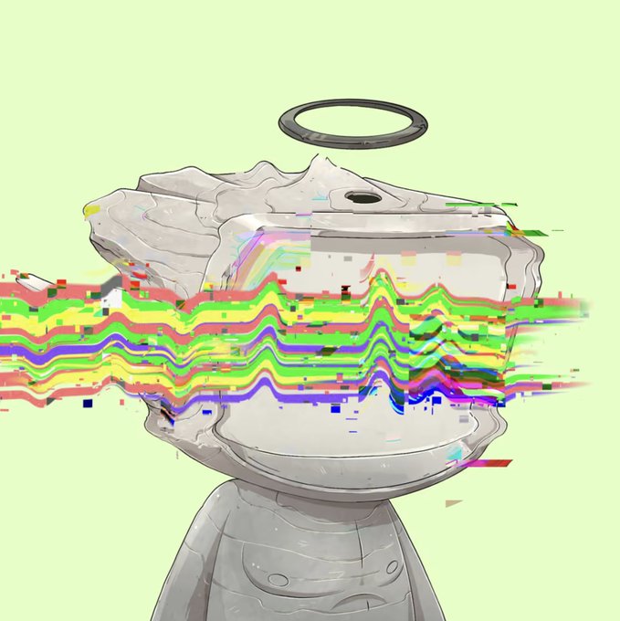 A surreal digital artwork featuring a glitchy statue bust with a halo, its face obscured by colorful distorted digital waveforms.