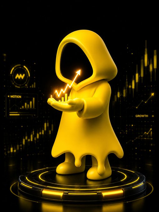 A yellow 3D-rendered hooded figure with a glowing face standing on a circular platform, holding an upward-trending chart arrow, with 'MOTION' and 'GROWTH' text on surrounding financial dashboards.