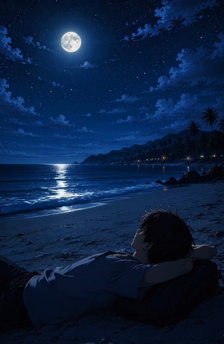 An anime-style illustration depicts a person lying on a beach at night, gazing up at a bright full moon and starry sky over a calm ocean.