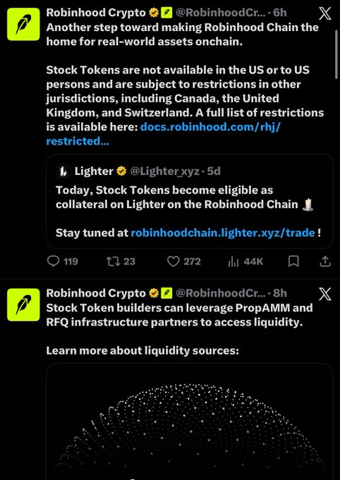 Screenshots of Robinhood Crypto tweets announcing that Stock Tokens are eligible as collateral on Lighter via the Robinhood Chain, noting restrictions in the US, Canada, UK, and Switzerland.