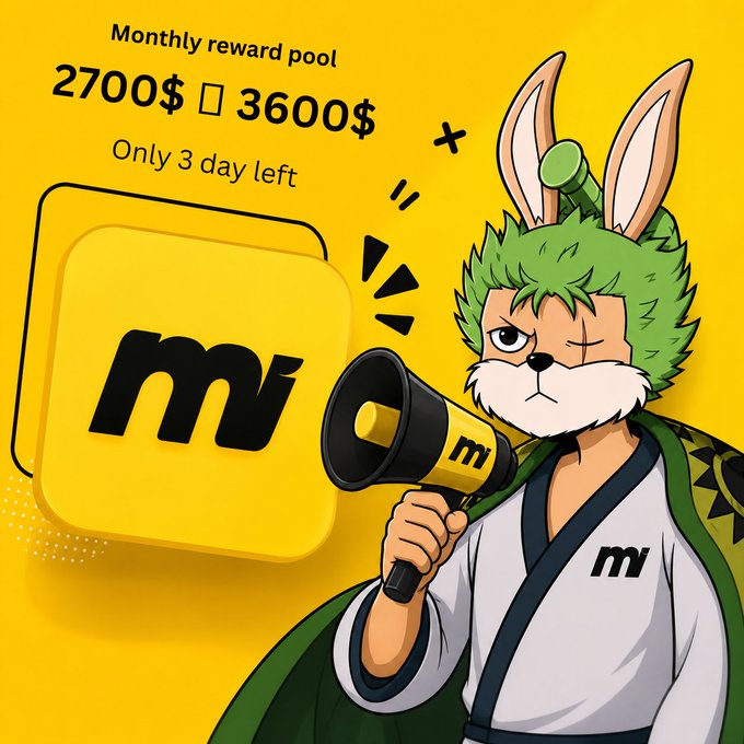 A cartoon rabbit character with green hair shouts into an "M" megaphone against a yellow background promoting Moove, featuring text "Monthly reward pool 2700$ → 3600$" and "Only 3 day left" to advertise the increased rewards.