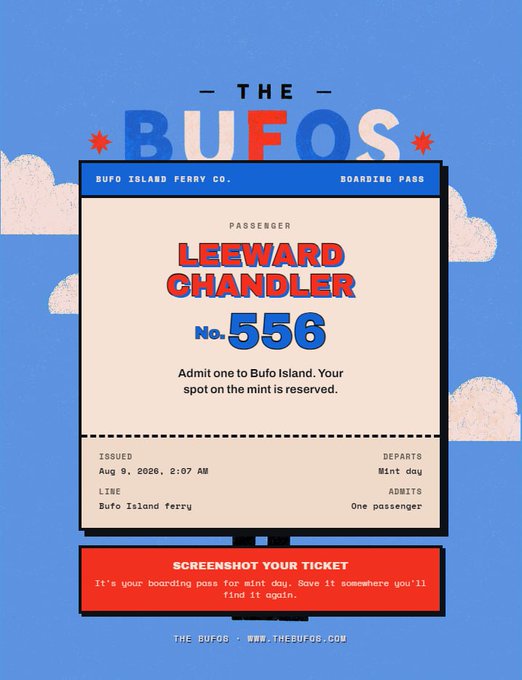 A digital boarding pass ticket titled 'THE BUFOS' issued by Bufo Island Ferry Co. for passenger 'LEEWARD CHANDLER' (No. 556), with an instruction to 'SCREENSHOT YOUR TICKET' and a mint date of Aug 9, 2026.