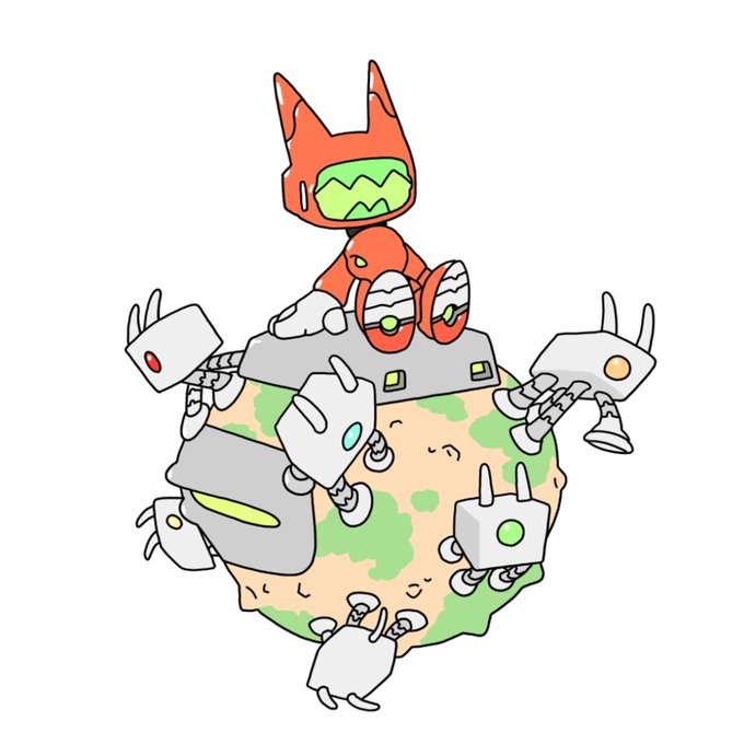 A digital drawing of an orange robot with pointed ears sitting on a small, rocky planet equipped with various mechanical devices and antennas.