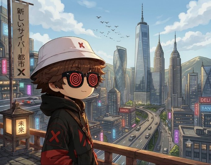 An anime-style character wearing a bucket hat and spiral-patterned glasses stands on a balcony overlooking a futuristic cityscape with skyscrapers, Japanese text signs, and birds in the sky.