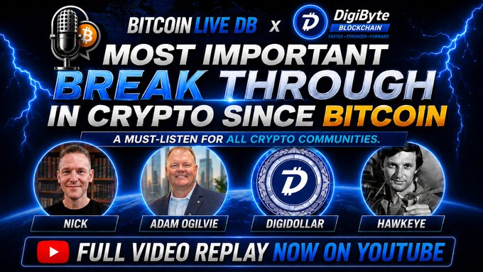 Promotional graphic titled 'BITCOIN LIVE DB x DigiByte Blockchain' with the headline 'MOST IMPORTANT BREAKTHROUGH IN CRYPTO SINCE BITCOIN', featuring photos of Nick, Adam Ogilvie, Digidollar, and Hawkeye.