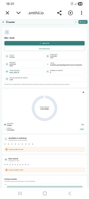 A mobile screenshot of the smithii.io website displaying a "hbc-lock" staking page with vesting details, token amount of 2,331.0000, and unlock schedule options.