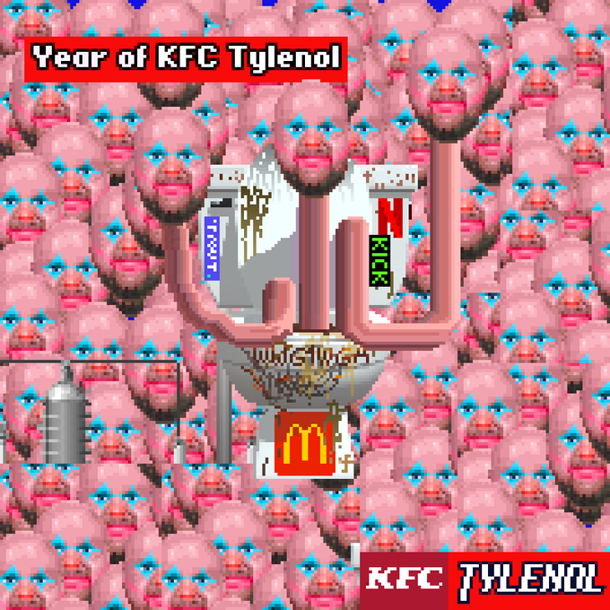 A chaotic pixel art meme featuring a repetitive pink-faced figure background, a cactus-headed character, a KFC logo, and text reading "Year of KFC Tylenol."