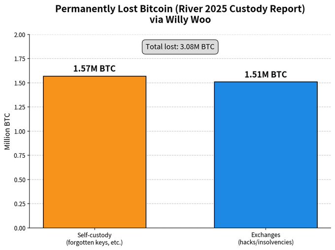 A bar chart titled "Permanently Lost Bitcoin (River 2025 Custody Report) via Willy Woo" shows a total of 3.08M BTC lost, split between 1.57M BTC lost to self-custody issues (forgotten keys, etc.) and 1.51M BTC lost due to exchange hacks and insolvencies—illustrating the significant amount of Bitcoin permanently inaccessible and underscoring the post's call to "fix this."