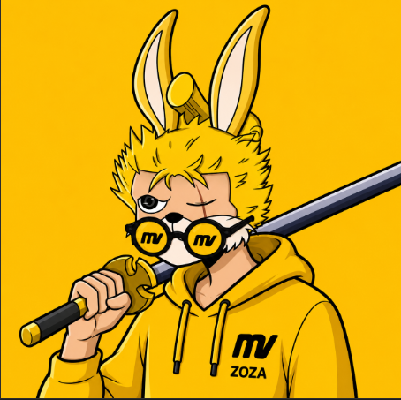 The image features an illustration of a cartoon character wearing a yellow hoodie with "Moove Moove" written across the front. The character has a sword in their hand and is holding a microphone, suggesting they might be involved in some form of performance art or music. The background color is yellow, which complements the overall theme of the image. The post about this illustration includes text that reads: "I got inspired and made my own PFP using @moovexyz colors and branding too. The yellow black theme just hits different. It'S amazing to see how the community is expressing creativity while showing support for Moove Moove isn'q".