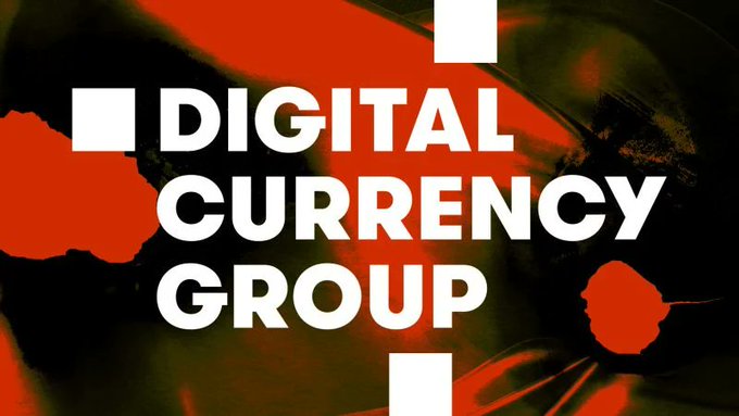 Digital Currency Group logo graphic with white text on a black and red abstract background.