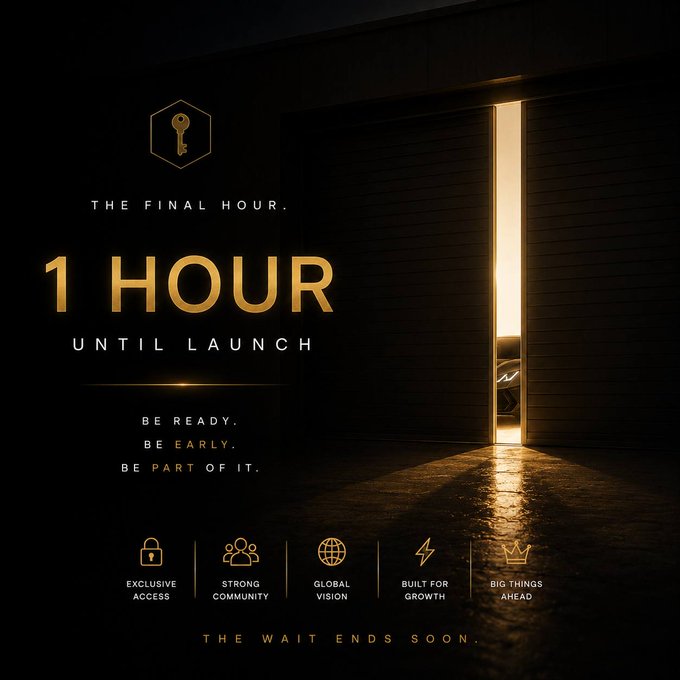 A dark, cinematic countdown graphic displays "1 HOUR UNTIL LAUNCH" in glowing gold text alongside "THE FINAL HOUR" and "THE WAIT ENDS SOON," visually reinforcing the post's urgency for the $XRP Army to join the Telegram channel before the ticker and contract address are revealed.