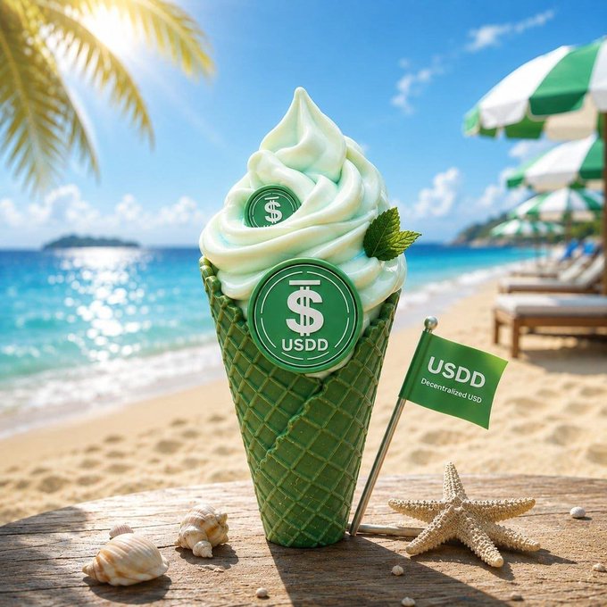 A green soft-serve ice cream cone sits on a beach, branded with 'USDD' and '$' logos, with a flag reading 'USDD Decentralized USD' beside it.