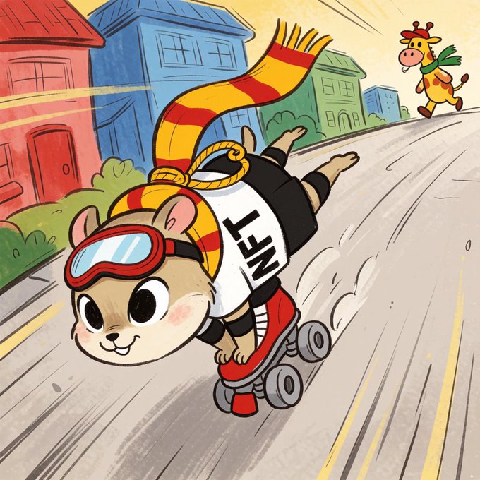 An illustration shows a cat wearing goggles and a white shirt with 'NET' printed on it, riding a red skateboard down a hill, with a giraffe in the background.