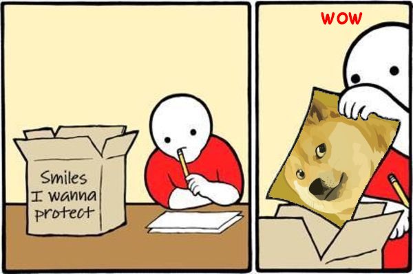 A two-panel comic strip shows a character sitting at a desk with a box labeled 'Smiles I wanna protect,' who then excitedly pulls out a picture of a doge meme, exclaiming 'WOW'.