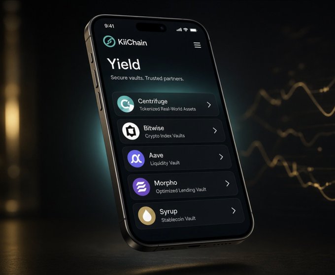 A smartphone displaying the 'KiiChain' app's 'Yield' page listing DeFi vault partners: Centrifuge, Bitwise, Aave, Morpho, and Syrup.