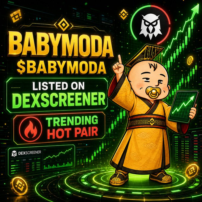 A cartoon baby in traditional Chinese imperial robes with a graduation cap holds a green rising chart tablet, surrounded by bold text reading "BABYMODA $BABYMODA LISTED ON DEXSCREENER" and "TRENDING HOT PAIR," visually promoting the token's new Dexscreener listing.