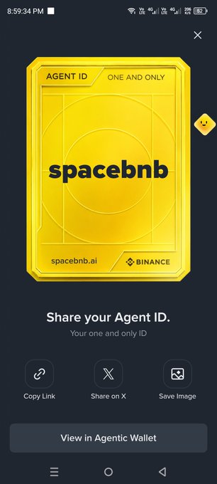 A mobile screen shows a yellow Binance agent ID for “spacebnb” with “spacebnb.ai,” plus buttons labeled “Copy Link,” “Share on X,” “Save Image,” and “View in Agentic Wallet.”