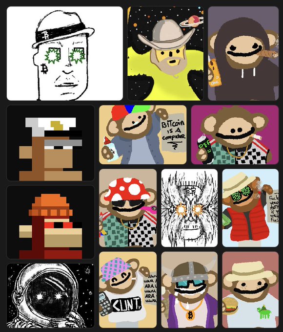 A collection of cartoon monkey characters in various costumes and styles, some with visible text including 'BITCOIN IS A computer' and 'CLINT'.