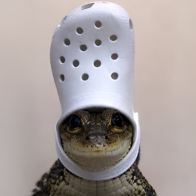 A crocodile wears a white Croc shoe on its head, humorously illustrating the "$CROCS" Solana memecoin promotion. The image's crocodile-in-a-Croc visual gag ties into the post's message directing viewers to buy the $CROCS token via the provided contract address.