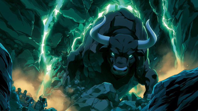 A colossal, shadowed bull with glowing eyes and horns charges forward through a jagged cavern, illuminated by eerie green energy crackling through the rocky walls as tiny figures scatter in its wake. The image visually echoes the post's theme of relentless, charging bull momentum behind the ticker $ANSEM — framing the bulls' rallying force as an unstoppable, looming force rather than mere fortune.