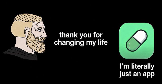 A meme shows a bearded man in a drawing style with text 'thank you for changing my life', while a green app icon responds 'I'm literally just an app'.