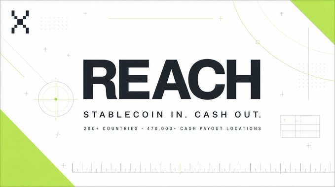 A promotional graphic for a service called 'REACH' with the tagline 'STABLECOIN IN. CASH OUT.' advertising availability in 200+ countries and 470,000+ cash payout locations.