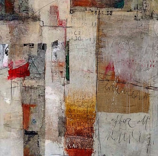 Mixed-media abstract artwork featuring collage elements, handwritten text, and washes of red, orange, yellow, and gray tones on a textured surface.