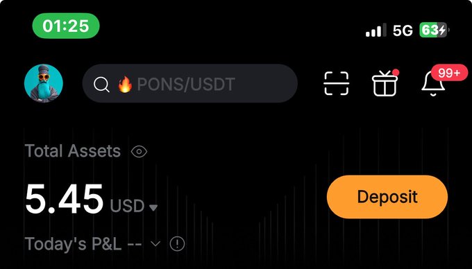 A mobile crypto app dashboard displays a balance of "5.45 USD" with 99+ notifications and is open to the PONS/USDT trading pair. Given the post's mention of not saving someone, the modest $5.45 total assets suggests the user has no intention of helping or sending funds to Ikechukwu.