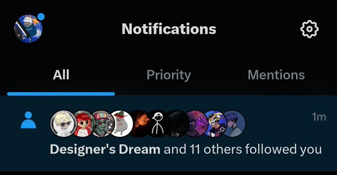 A Twitter notifications screen showing that 'Designer's Dream and 11 others followed you' with tabs for All, Priority, and Mentions.