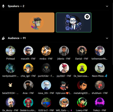 A voice chat interface titled 'Speakers' showing 2 active speakers with cartoon avatars, including one with a 'W' speech indicator, and an audience of 91 users with various FNF (Friday Night Funkin') character avatars.