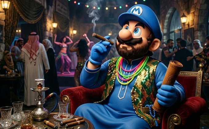 Mario, distinguished by his blue cap bearing the “M” logo, relaxes in an opulent setting while smoking a cigar and holding a scroll. The scene mirrors the ease and enjoyment described in the post about completing daily testnet tasks on the CNPYNetwork testnet.