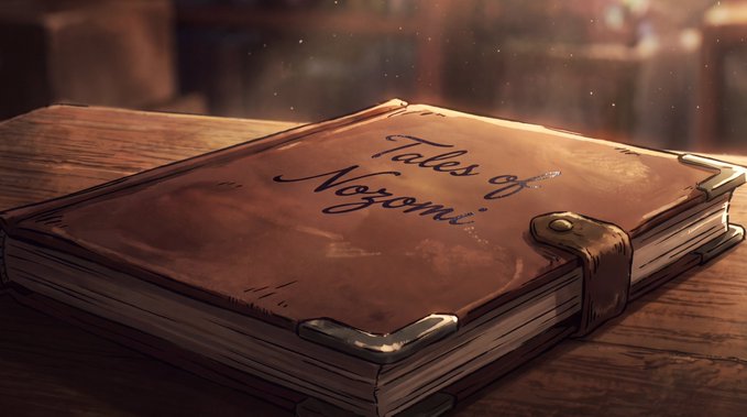 An illustrated image of an old, leather-bound book titled 'Tales of Nozomi' resting on a wooden surface with a blurred, warm background.