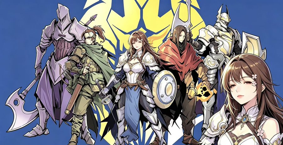 The image features a lineup of fantasy characters from Dungeon Saga NFT, including a knight in silver armor, a warrior with a sword, a shield-bearing female fighter, a hooded mage, a gold-armored knight, and a smiling anime-style woman with a flower in her hair, all set against a blue background with a yellow emblem. The characters represent the hero roster tied to the NFT collection being promoted, highlighting the floor price increase to 0.00215 BTC and 14 BTC trading volume.