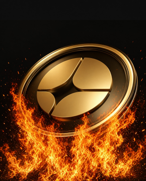 A golden circular emblem with a central tri-spoke logo engulfed in bright orange flames against a black background.