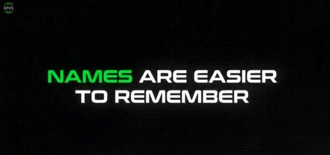 A BNS-branded promotional image displays the text "NAMES ARE EASIER TO REMEMBER" in bold green and white lettering against a dark background, reinforcing the post's explanation of how BNS uses human-readable names like "alice.bdx" on the blockchain.