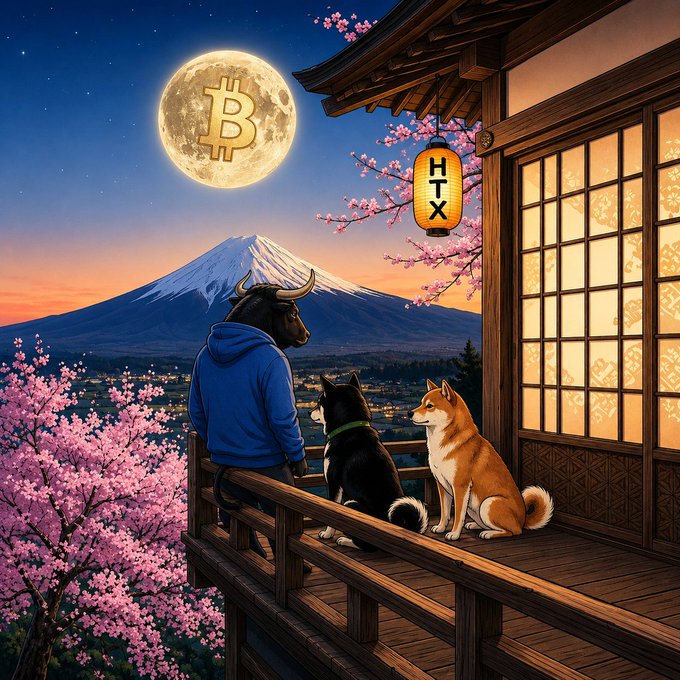 An anime-style illustration showing a figure in a blue hoodie with a bull's head, accompanied by two Shiba Inu dogs, sitting on a wooden traditional Japanese balcony overlooking Mount Fuji, cherry blossoms, and a city at night, with a full moon featuring a Bitcoin 'B' symbol and a lantern marked 'HTX'.