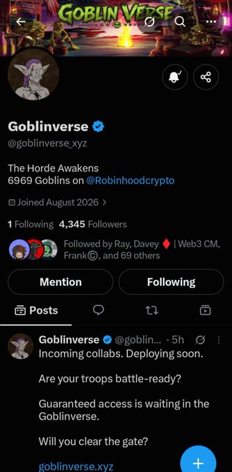 A Goblinverse Twitter/X profile page (@goblinverse_xyz) displaying 4,345 Followers, 1 Following, and a verified badge, with their pinned post reading "Incoming collabs. Deploying soon. Are your troops battle-ready?" and noting "6,969 Goblins on @Robinhoodcrypto." The image directly supports the accompanying post's discussion of the project's 6,969 Goblin supply on Robinhood Chain and early-stage curiosity about the Goblin Hunt.