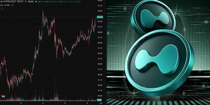 Cryptocurrency chart showing 'HYPEUSDT SPOT' on Bybit with the Hyperliquid (HYPE) logo prominently displayed in teal on the right side, showing price action around $87-88.