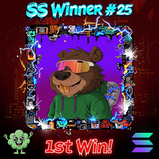 The image features a cartoon bear wearing sunglasses and a green hoodie with the text "1st Win!" written above it. The bear appears to be smiling, indicating that they have won something. There are also other cartoon characters present in the image, including a green frog and a blue bird. The post is related to the #SS Winner #25 event, as indicated by the text at the bottom of the image.