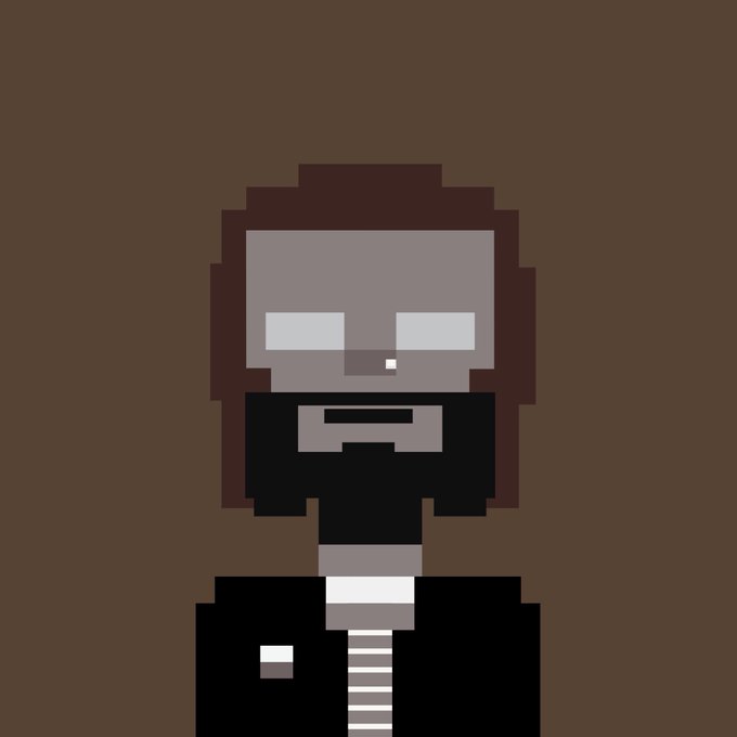 A pixel art portrait of a man with long dark hair, glasses, and a beard, wearing dark attire, set against a brown background — likely representing the "STONK BROKER" persona being self-introduced as their favorite "INTERN" in the post.