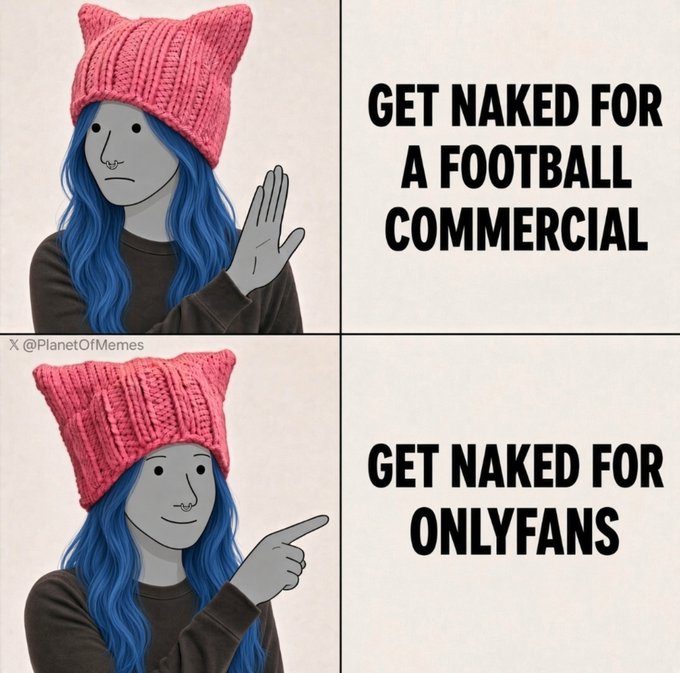 The image is a two-panel meme featuring an NPC-style character with blue hair and a pink beanie. In the top panel, she rejects "GET NAKED FOR A FOOTBALL COMMERCIAL," but in the bottom panel, she enthusiastically points to accept "GET NAKED FOR ONLYFANS" — satirizing the seemingly contradictory logic of rejecting mainstream exposure while embracing online content creation platforms, which fits the post's "NPC logic" commentary.