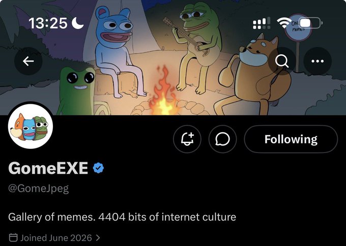 A Twitter/X profile for 'GomeEXE' (@GomeJpeg) with a banner showing cartoon characters around a campfire, bio reading 'Gallery of memes. 4404 bits of internet culture', joined June 2026.