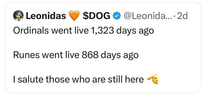 A tweet from user 'Leonidas 🧡 $DOG ✅' (@Leonida...) posted 2 days ago reads: 'Ordinals went live 1,323 days ago / Runes went live 868 days ago / I salute those who are still here 🤫'.